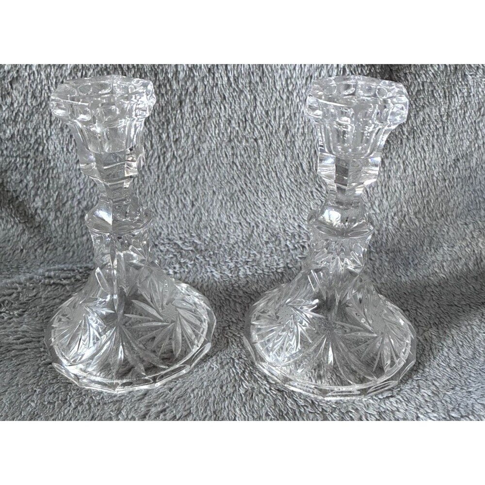 Vintage Cut Glass Crystal Candlestick Holders Set of 2 Starburst Candle Holders